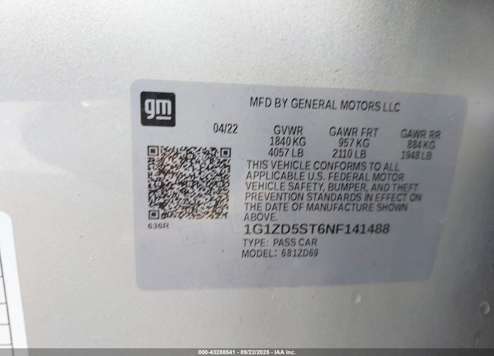 2022 CHEVROLET MALIBU VIN: 1G1ZD5ST6NF141488
