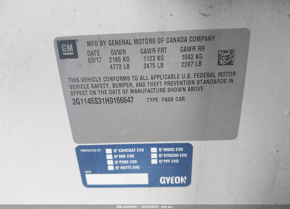 2017 CHEVROLET IMPALA VIN: 2G1145S31H9166647