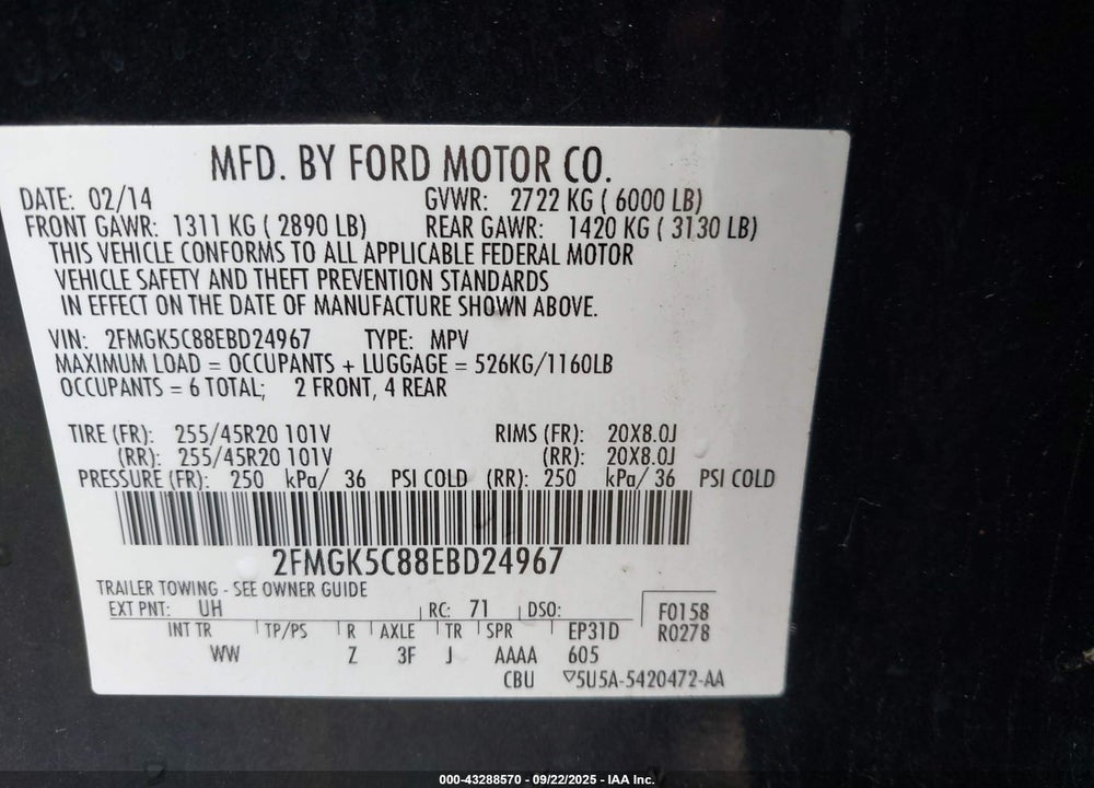 2014 FORD FLEX SEL VIN: 2FMGK5C88EBD24967