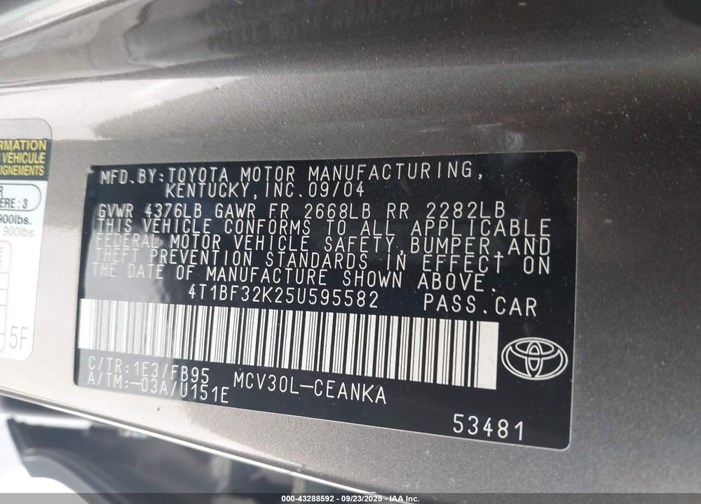 2005 TOYOTA CAMRY LE V6 VIN: 4T1BF32K25U595582