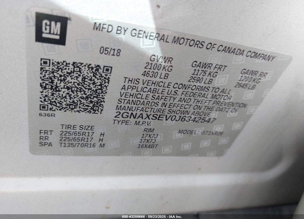 2018 CHEVROLET EQUINOX VIN: 2GNAXSEV0J6342547
