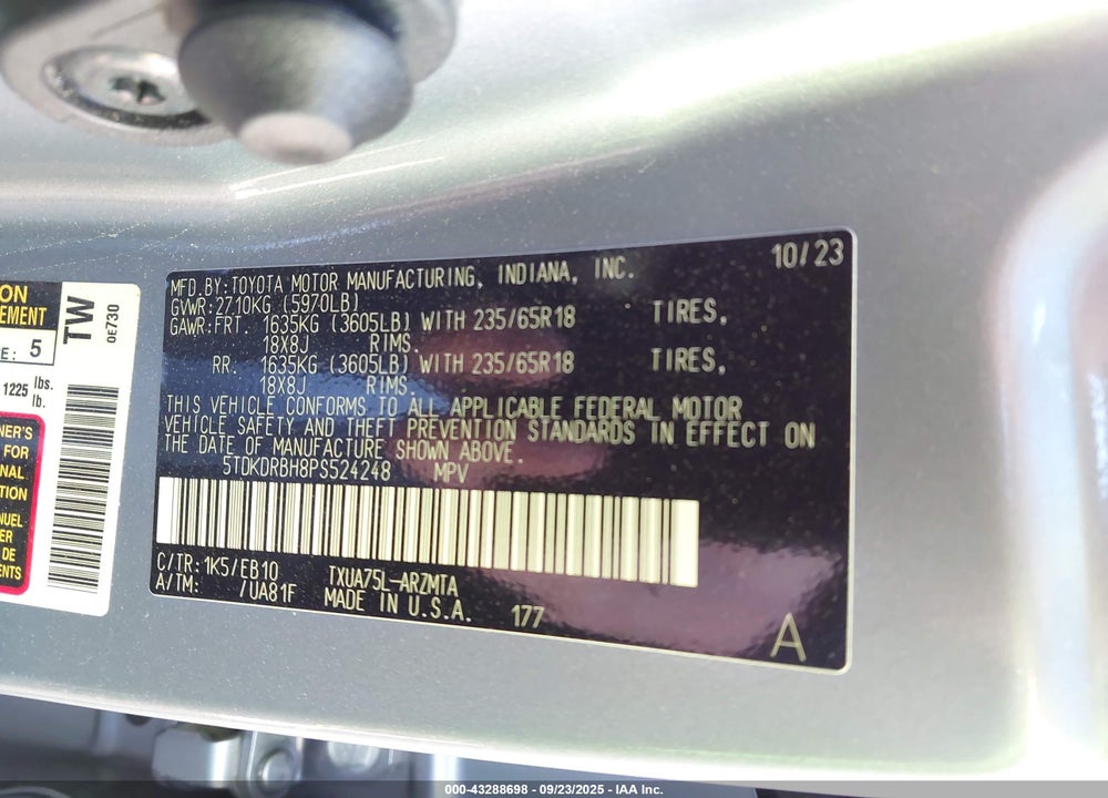 2023 TOYOTA HIGHLANDER VIN: 5TDKDRBH8PS524248