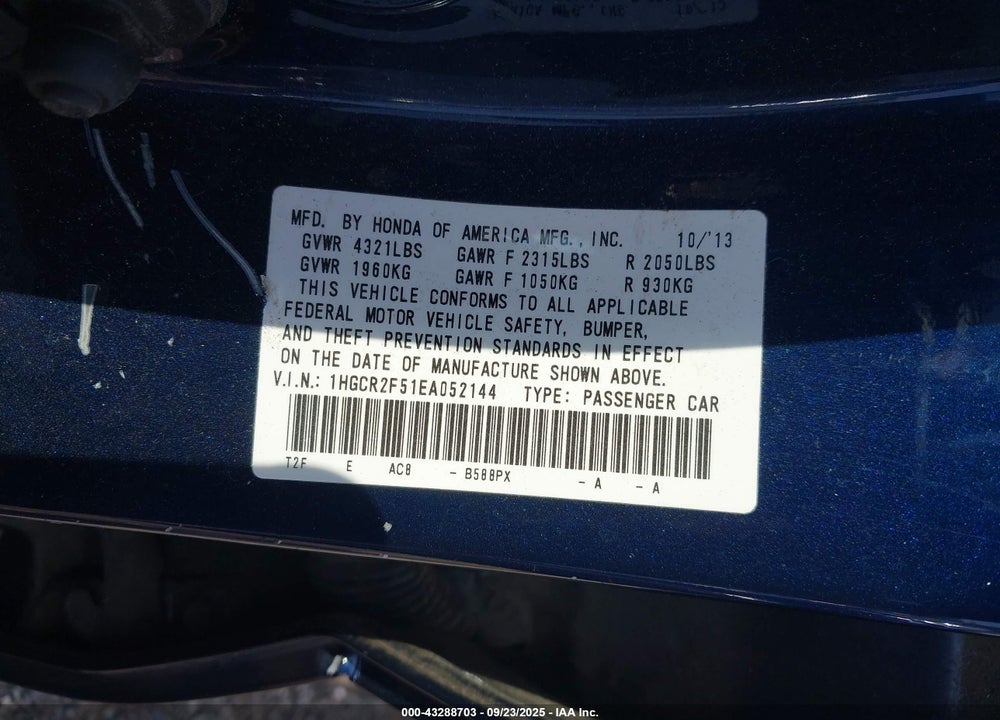 2014 HONDA ACCORD VIN: 1HGCR2F51EA052144
