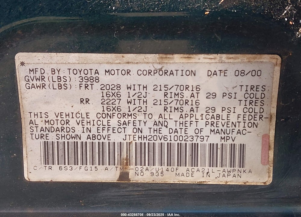 2001 TOYOTA RAV4 VIN: JTEHH20V610023797