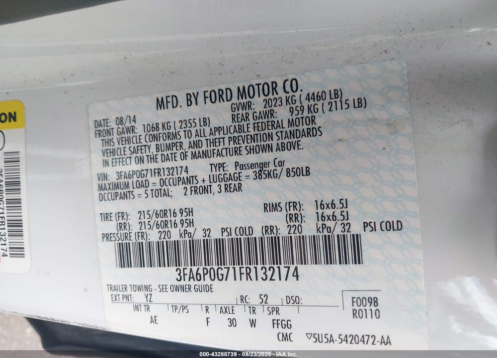 2015 FORD FUSION S VIN: 3FA6P0G71FR132174