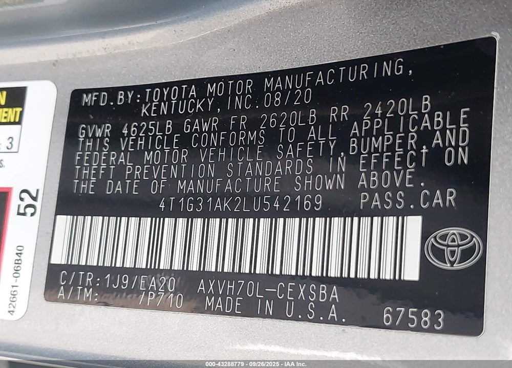 2020 TOYOTA CAMRY VIN: 4T1G31AK2LU542169