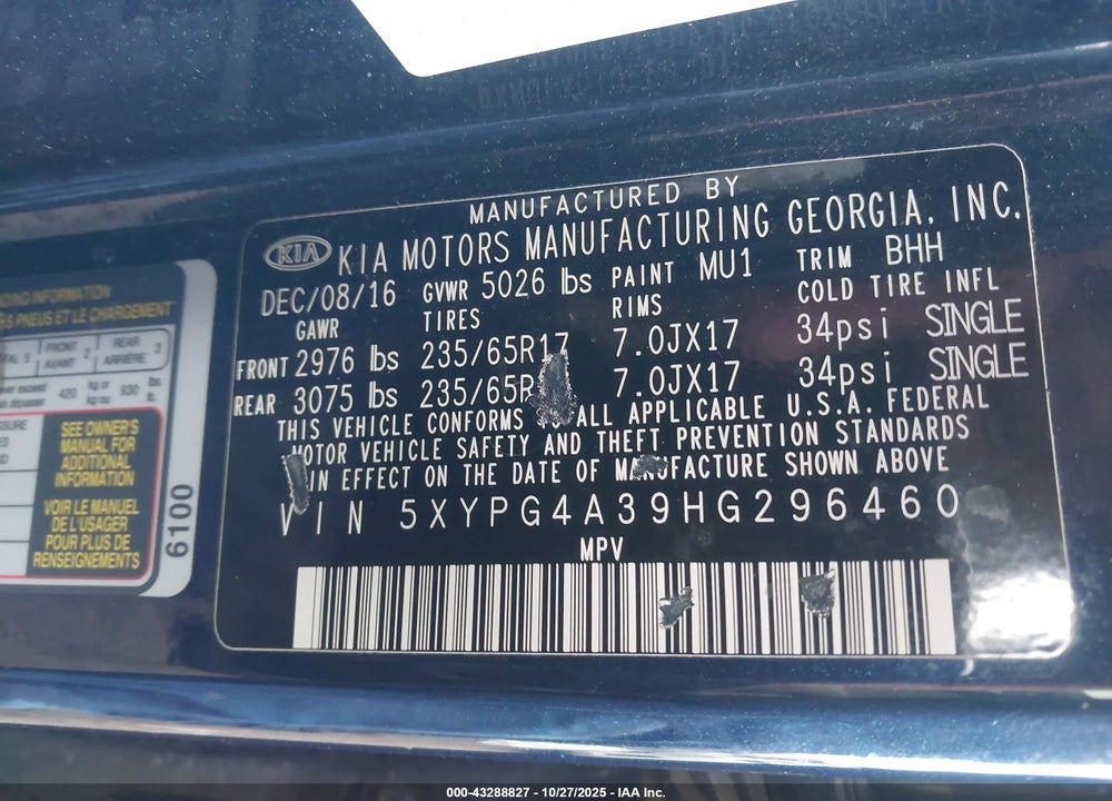 2017 KIA SORENTO VIN: 5XYPG4A39HG296460