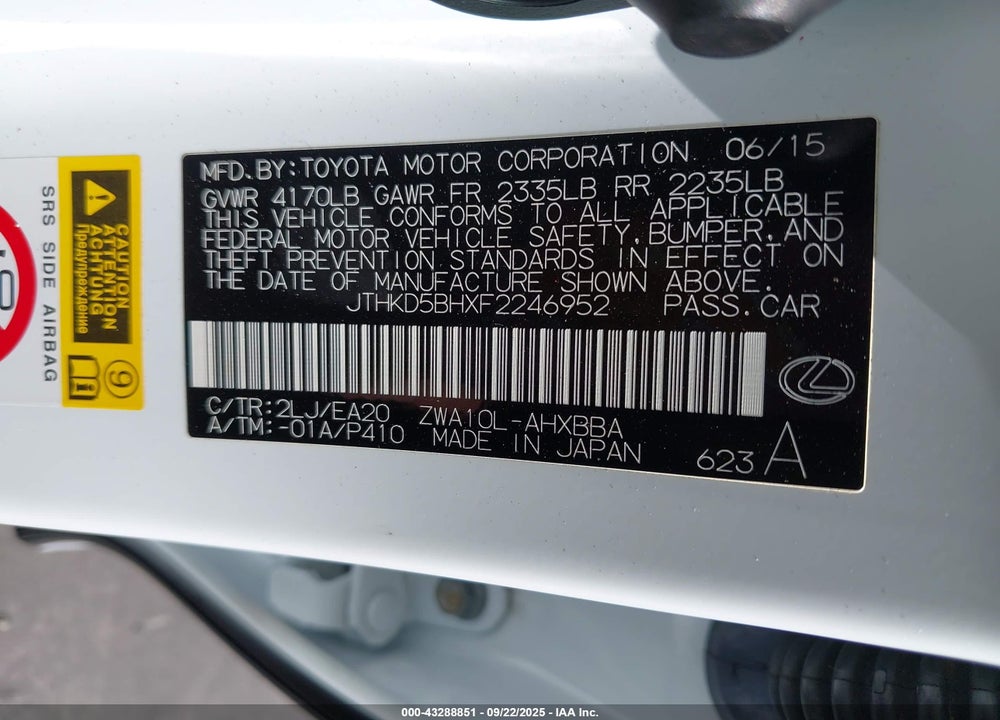 2015 LEXUS CT 200H VIN: JTHKD5BHXF2246952