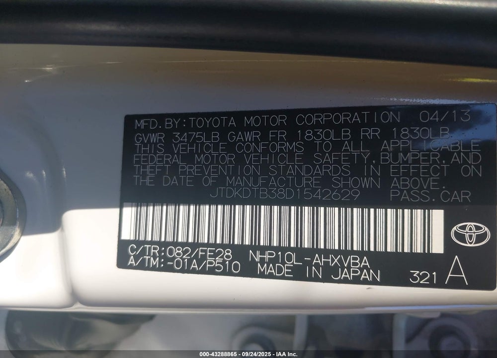 2013 TOYOTA PRIUS C ONE VIN: JTDKDTB38D1542629
