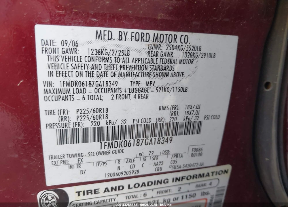2007 FORD FREESTYLE VIN: 1FMDK06187GA18349