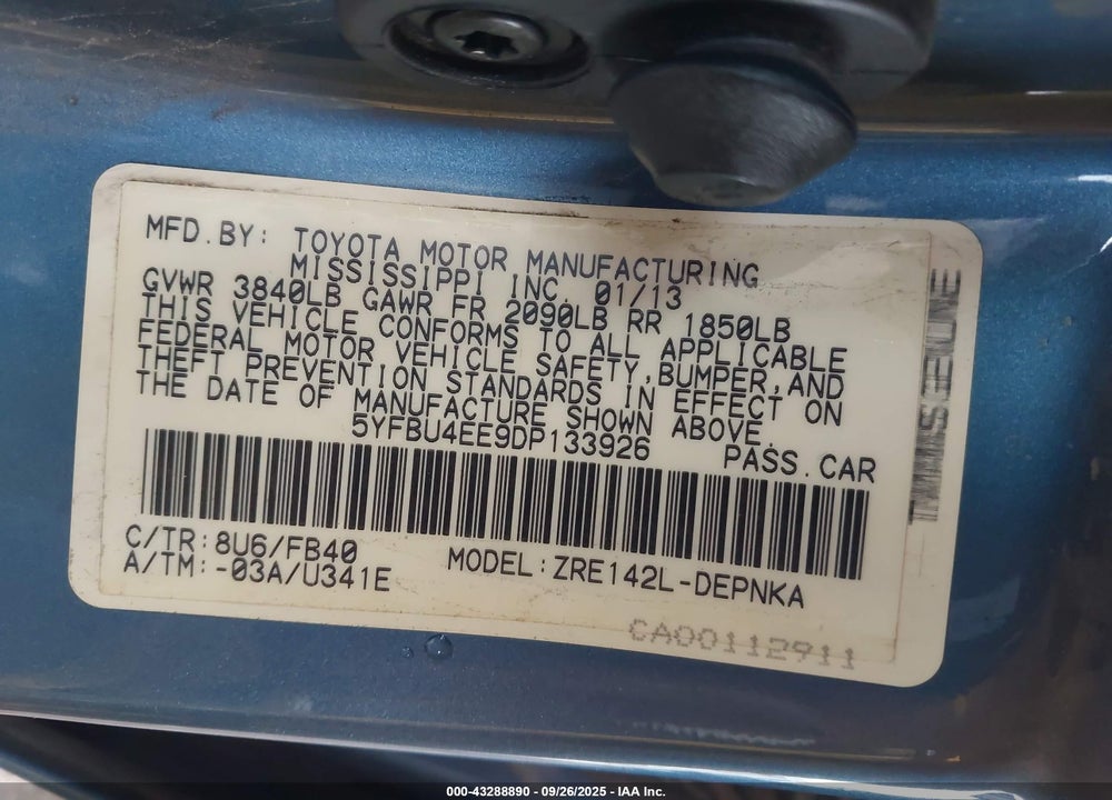 2013 TOYOTA COROLLA VIN: 5YFBU4EE9DP133926