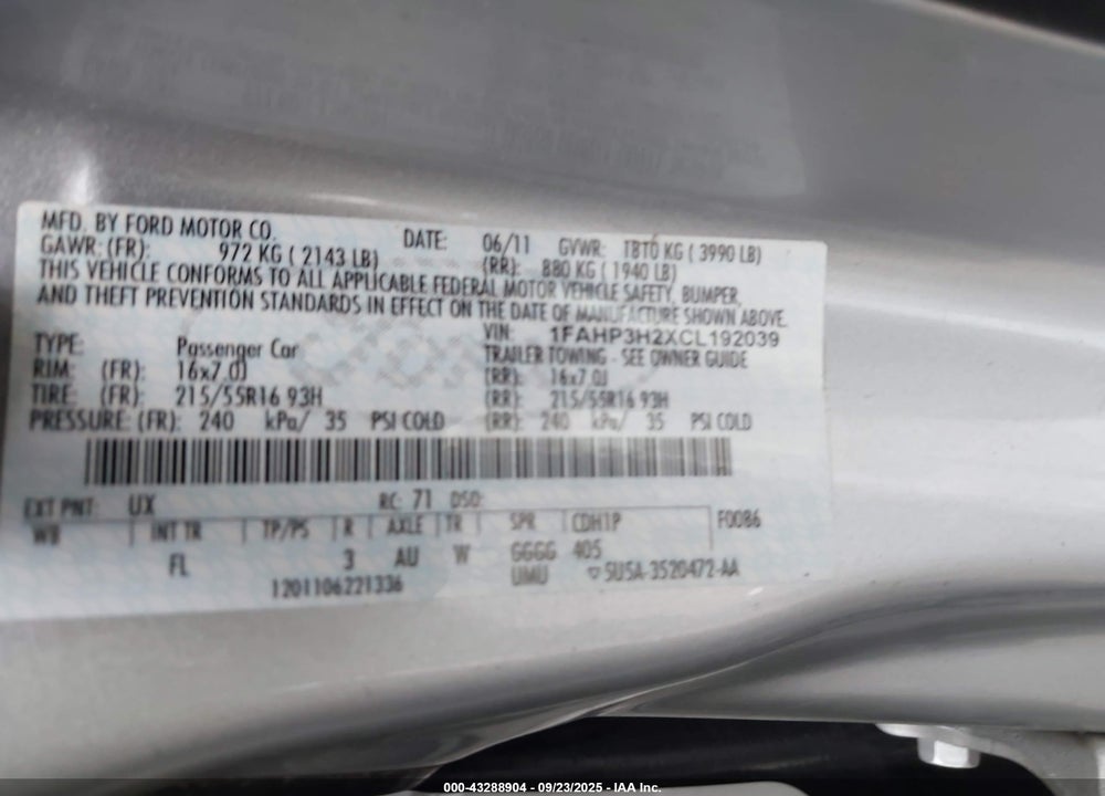 2012 FORD FOCUS VIN: 1FAHP3H2XCL192039