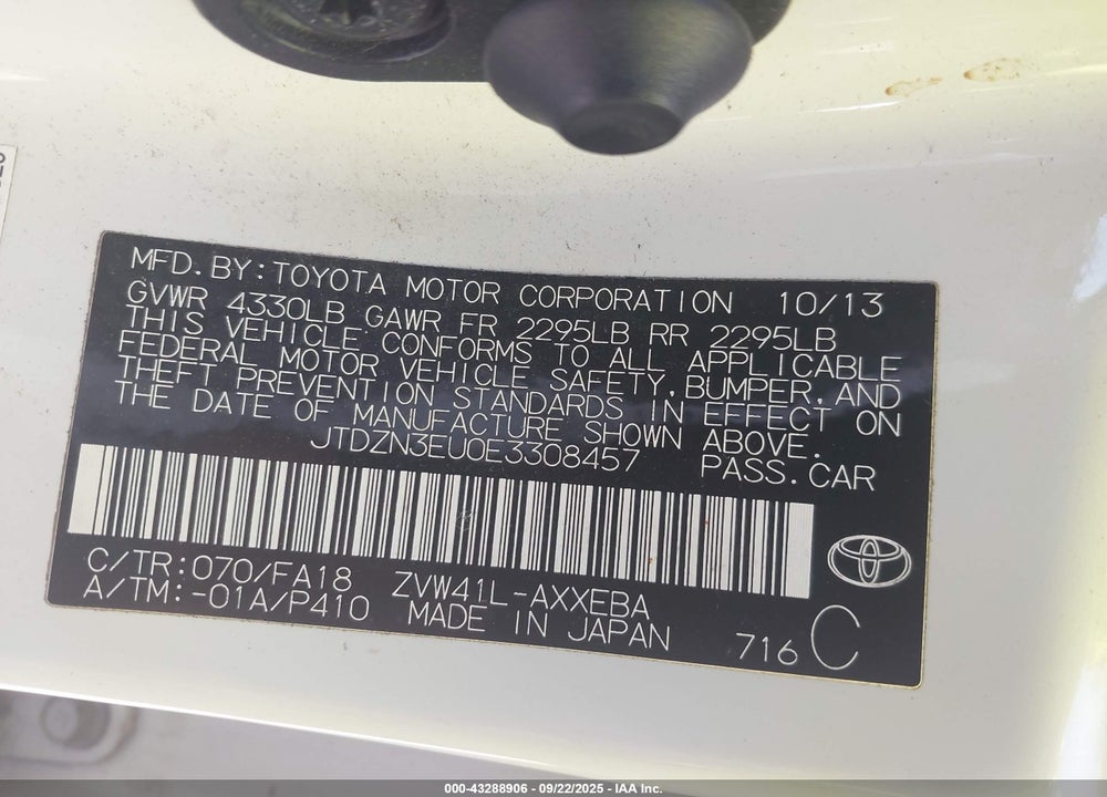 2014 TOYOTA PRIUS V TWO VIN: JTDZN3EU0E3308457