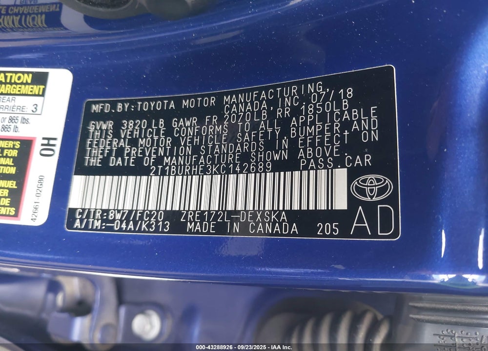 2019 TOYOTA COROLLA VIN: 2T1BURHE3KC142689