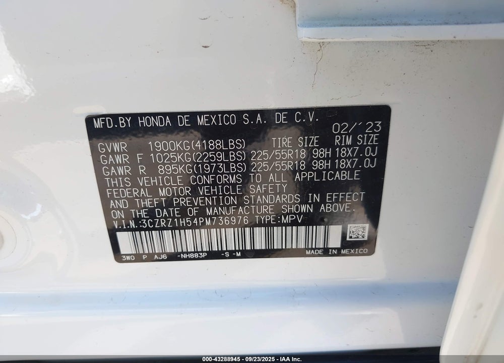 2023 HONDA HR-V 2WD SPORT VIN: 3CZRZ1H54PM736976