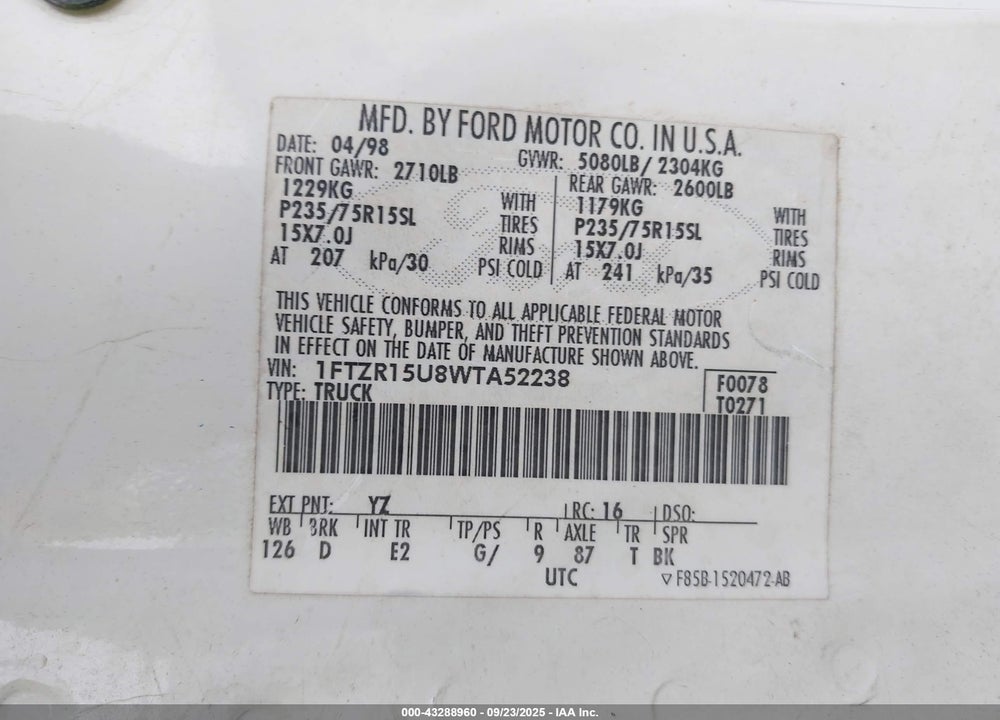 1998 FORD RANGER SPLASH/XL/XLT VIN: 1FTZR15U8WTA52238