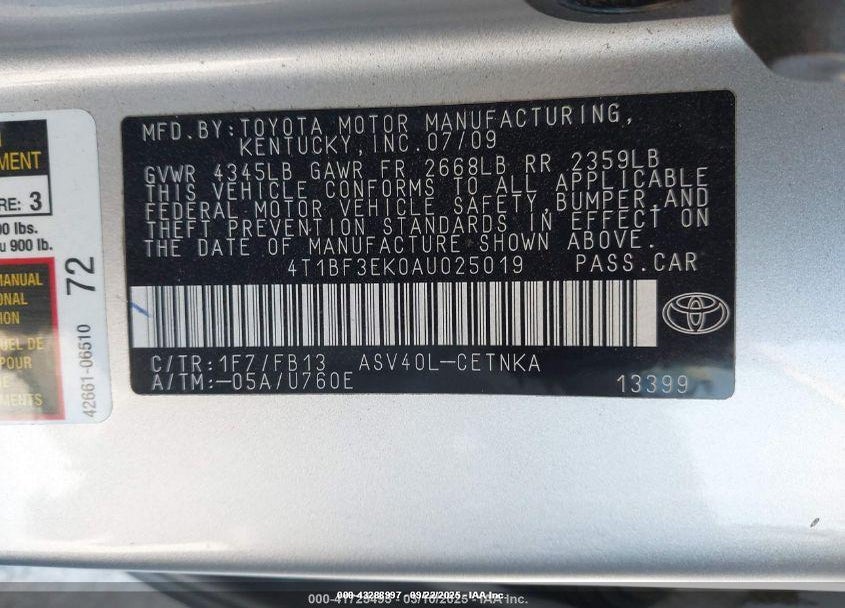 2010 TOYOTA CAMRY VIN: 4T1BF3EK0AU025019