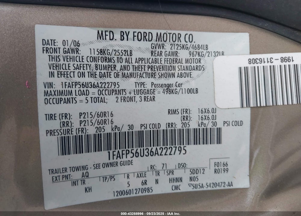 2006 FORD TAURUS SEL VIN: 1FAFP56U36A222795