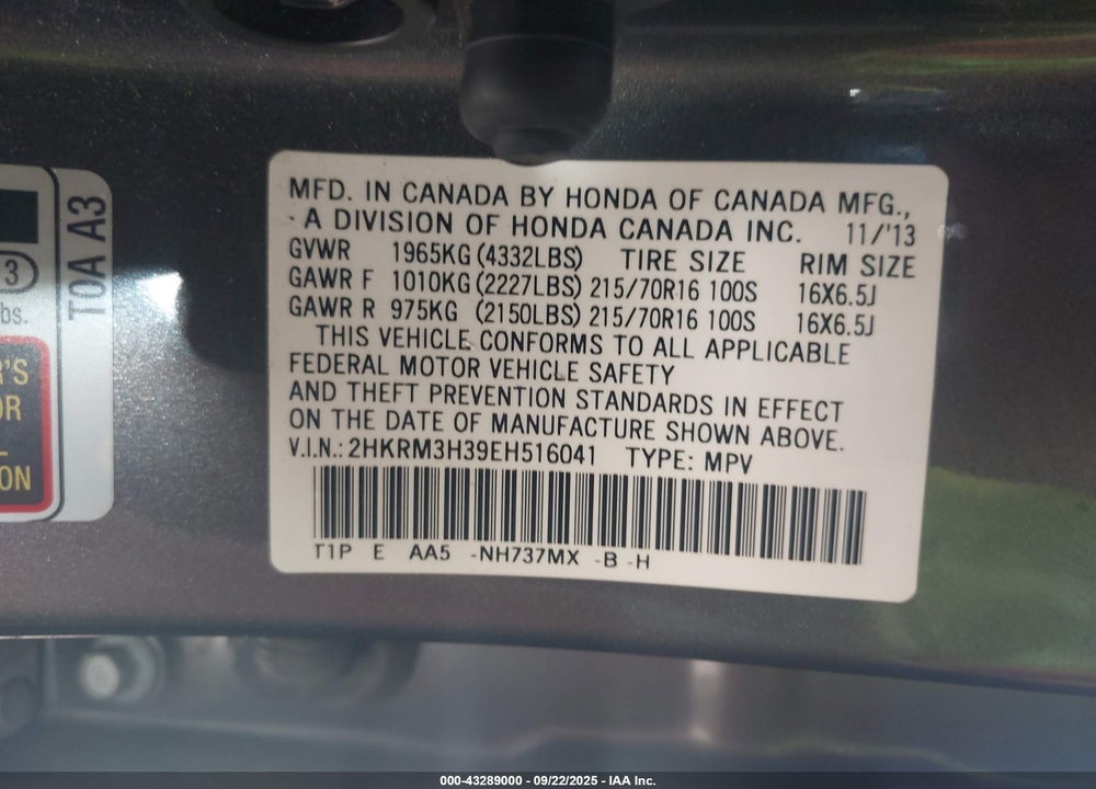2014 HONDA CR-V VIN: 2HKRM3H39EH516041