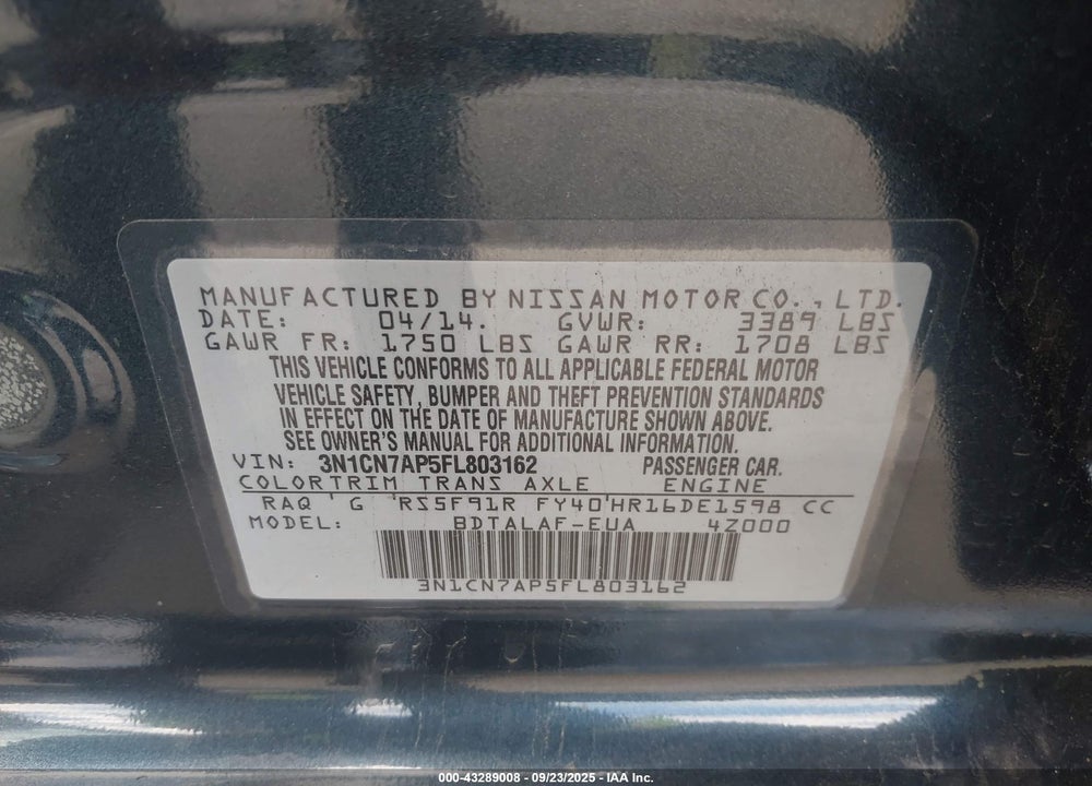 2015 NISSAN VERSA VIN: 3N1CN7AP5FL803162