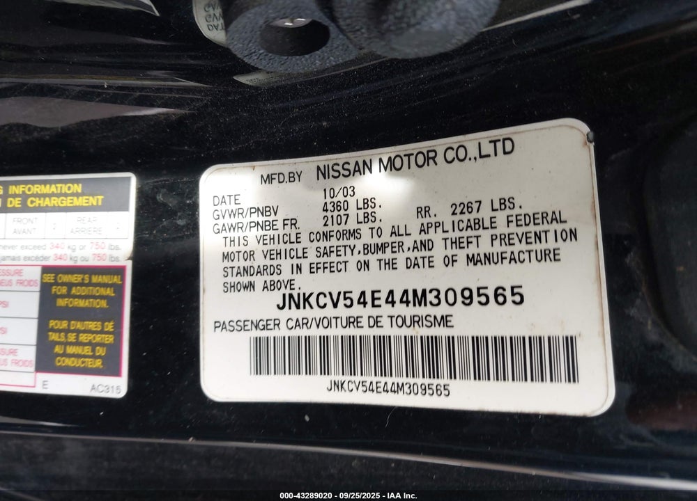 2004 INFINITI G35 VIN: JNKCV54E44M309565