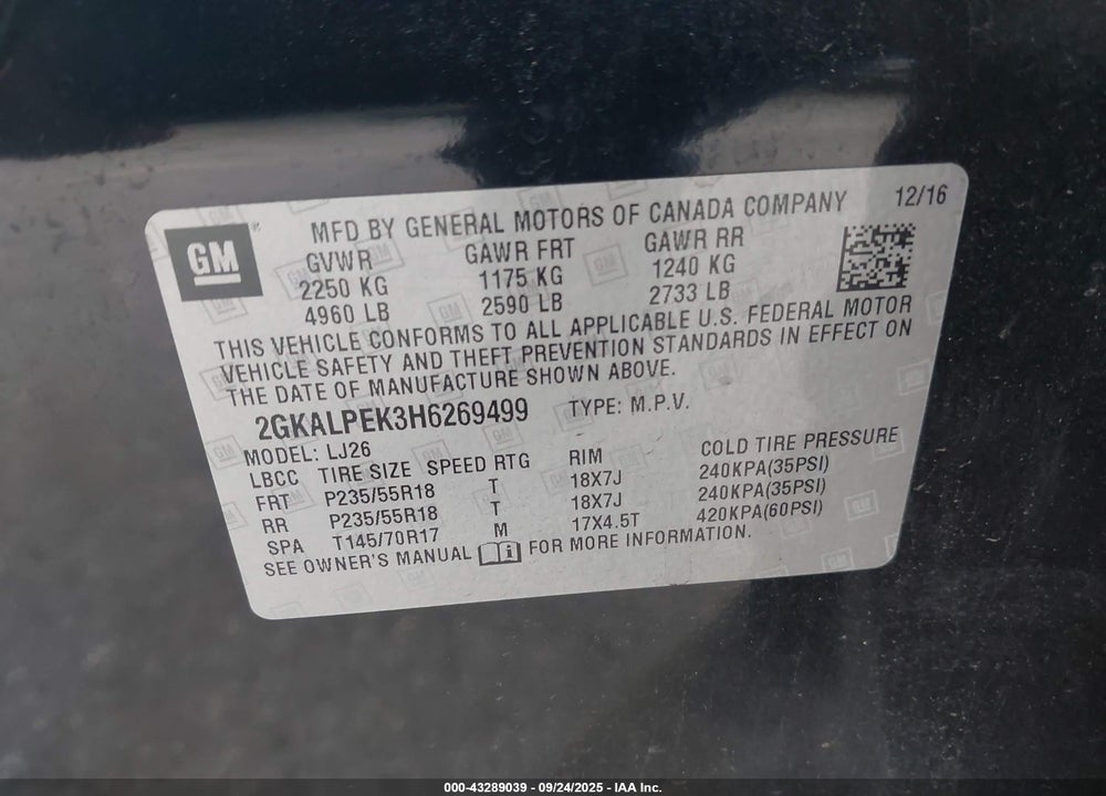 2017 GMC TERRAIN SLT VIN: 2GKALPEK3H6269499
