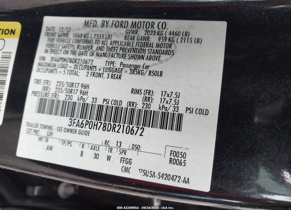 2013 FORD FUSION VIN: 3FA6P0H78DR210672