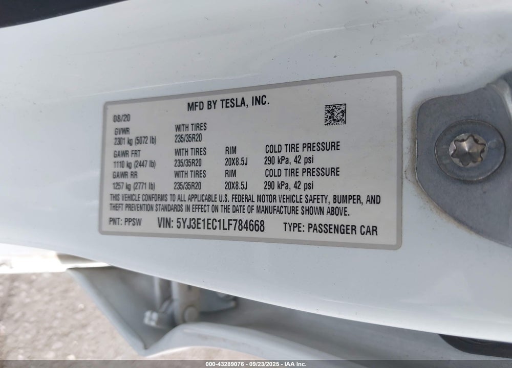 2020 TESLA MODEL 3 VIN: 5YJ3E1EC1LF784668