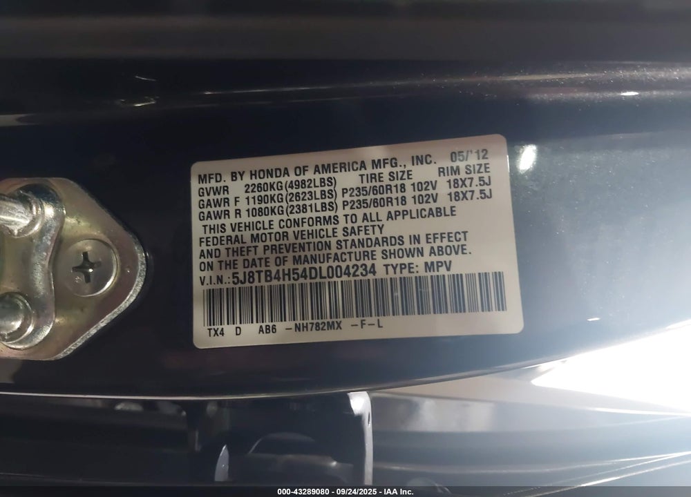 2013 ACURA RDX VIN: 5J8TB4H54DL004234