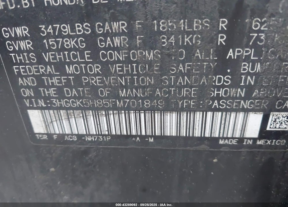 2015 HONDA FIT EX/EX-L VIN: 3HGGK5H85FM701849