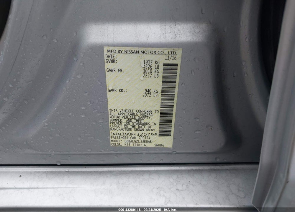 2017 NISSAN ALTIMA VIN: 1N4AL3AP3HN320796