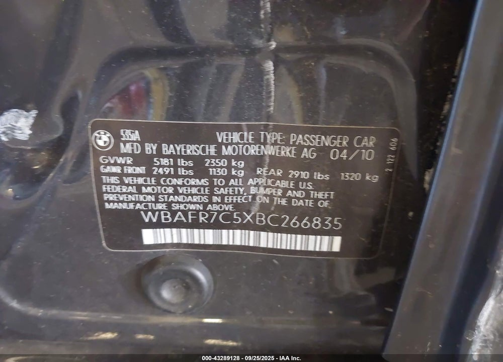 2011 BMW 535I VIN: WBAFR7C5XBC266835
