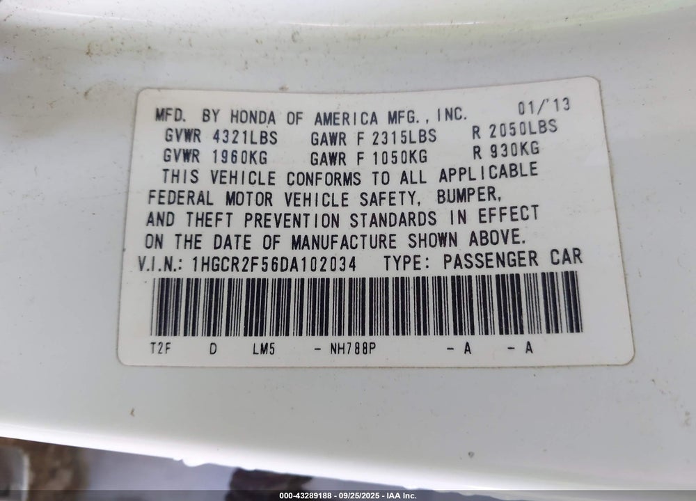 2013 HONDA ACCORD VIN: 1HGCR2F56DA102034