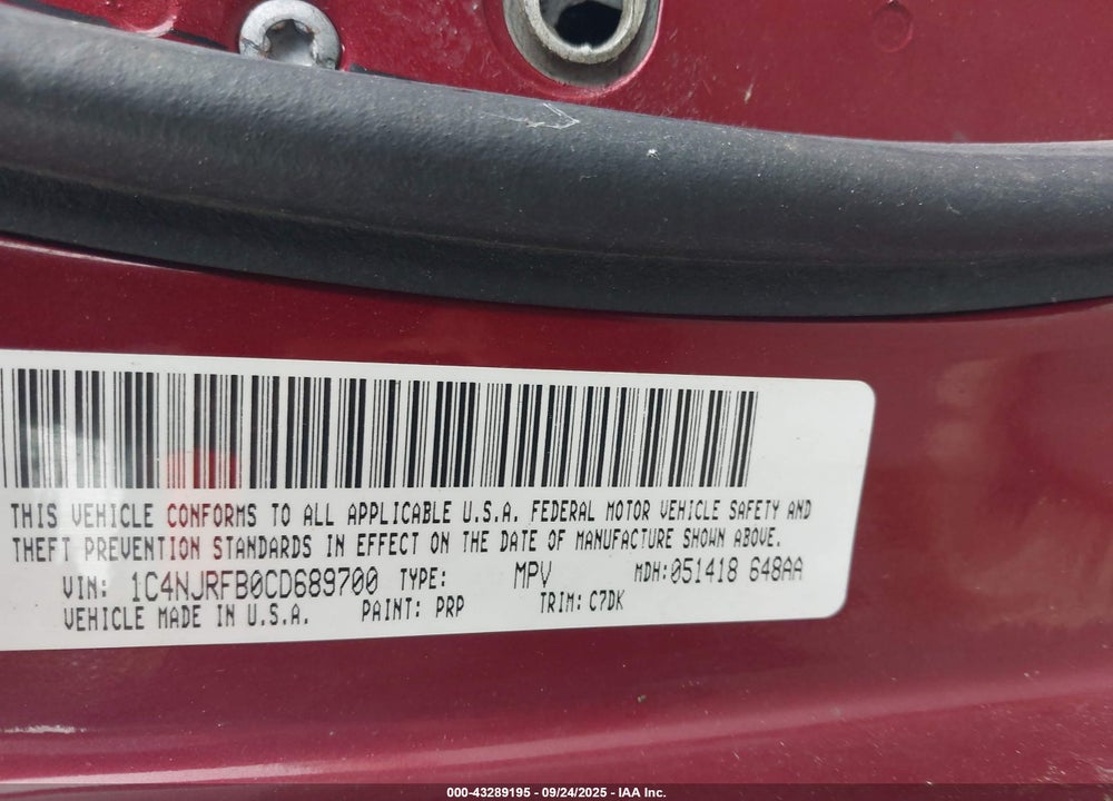 2012 JEEP PATRIOT LATITUDE VIN: 1C4NJRFB0CD689700
