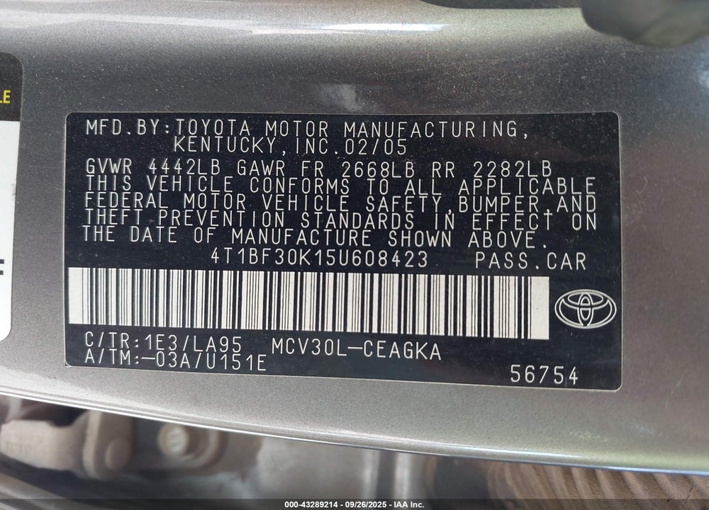 2005 TOYOTA CAMRY XLE V6 VIN: 4T1BF30K15U608423