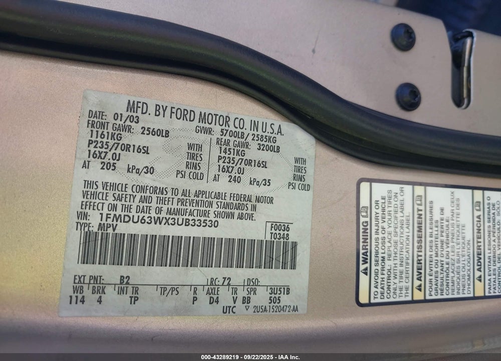 2003 FORD EXPLORER NBX/XLT VIN: 1FMDU63WX3UB33530