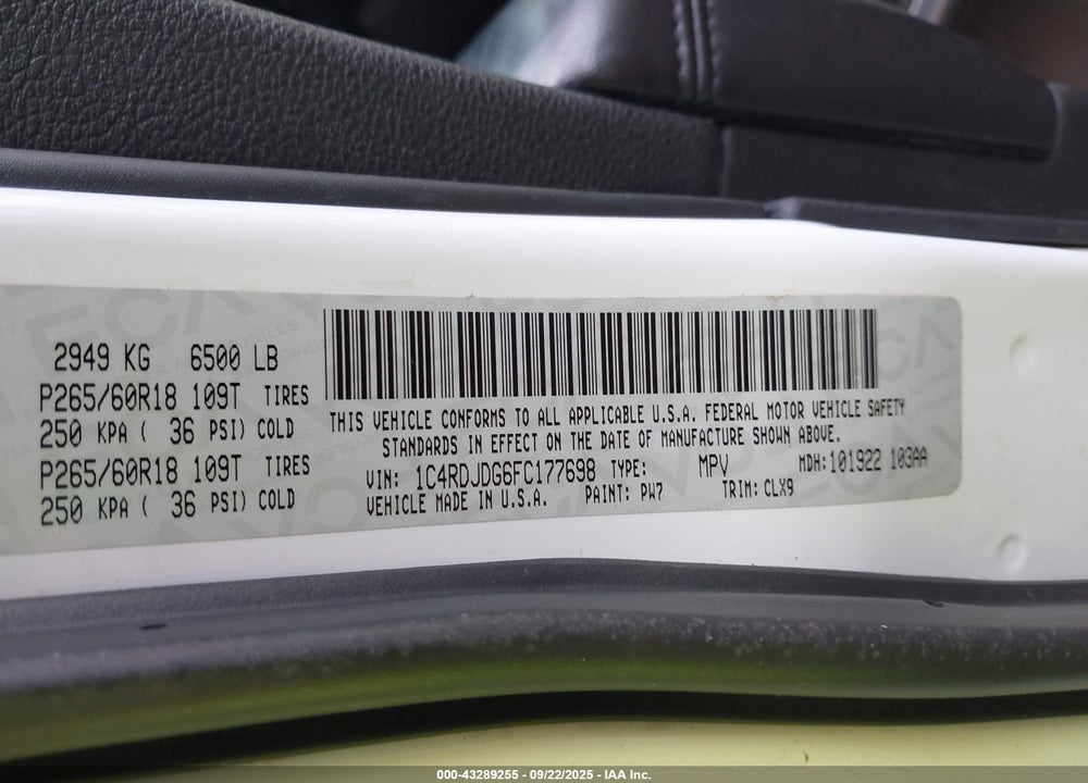 2015 DODGE DURANGO LIMITED VIN: 1C4RDJDG6FC177698