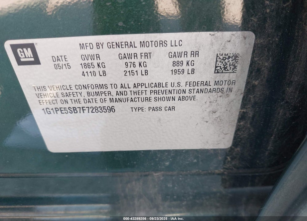 2015 CHEVROLET CRUZE VIN: 1G1PE5SB7F7283596