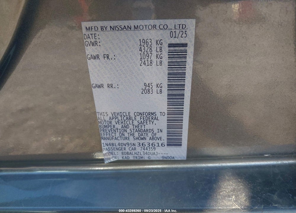 2025 NISSAN ALTIMA SV FWD VIN: 1N4BL4DV9SN363616