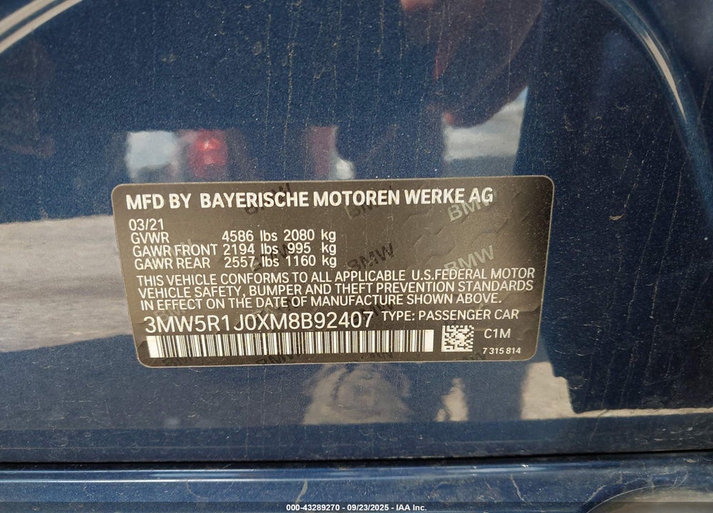 2021 BMW 330I VIN: 3MW5R1J0XM8B92407