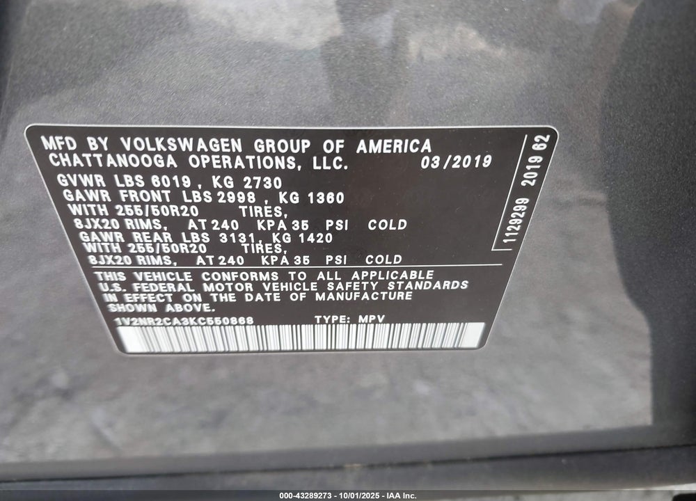 2019 VOLKSWAGEN ATLAS VIN: 1V2NR2CA3KC550868