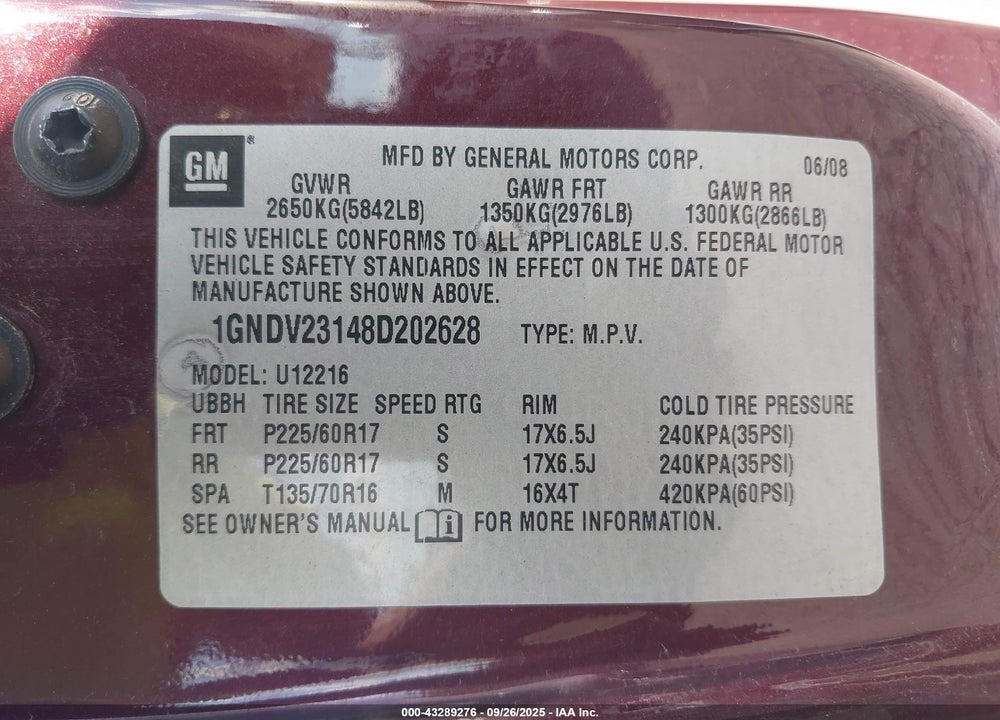 2008 CHEVROLET UPLANDER LS VIN: 1GNDV23148D202628