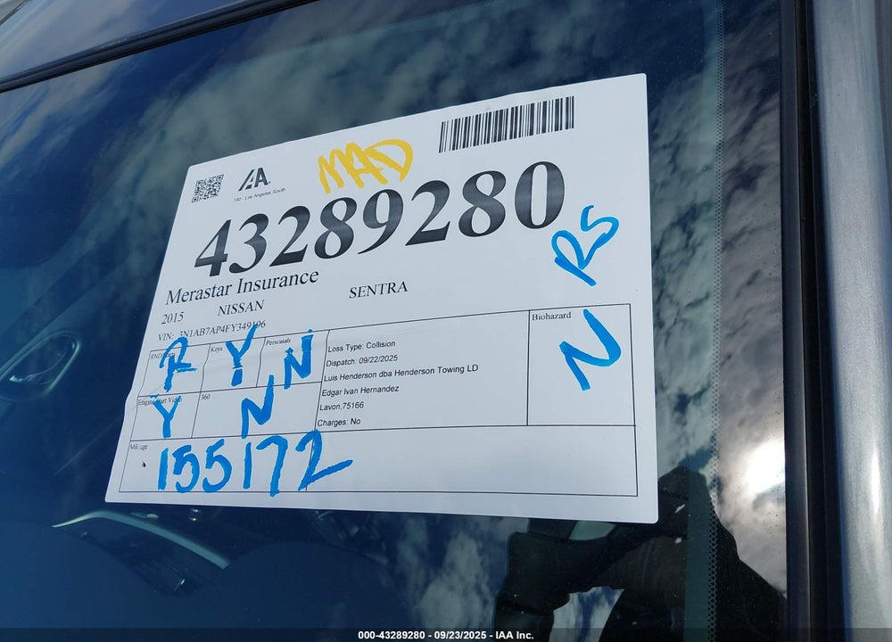 2015 NISSAN SENTRA VIN: 3N1AB7AP4FY349196