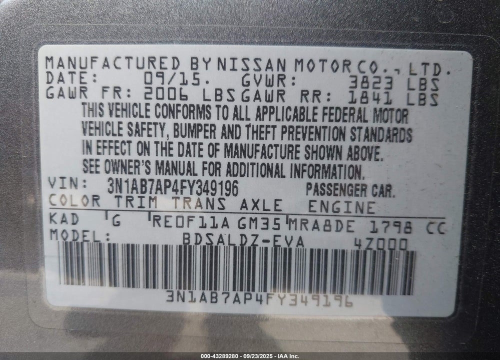 2015 NISSAN SENTRA VIN: 3N1AB7AP4FY349196