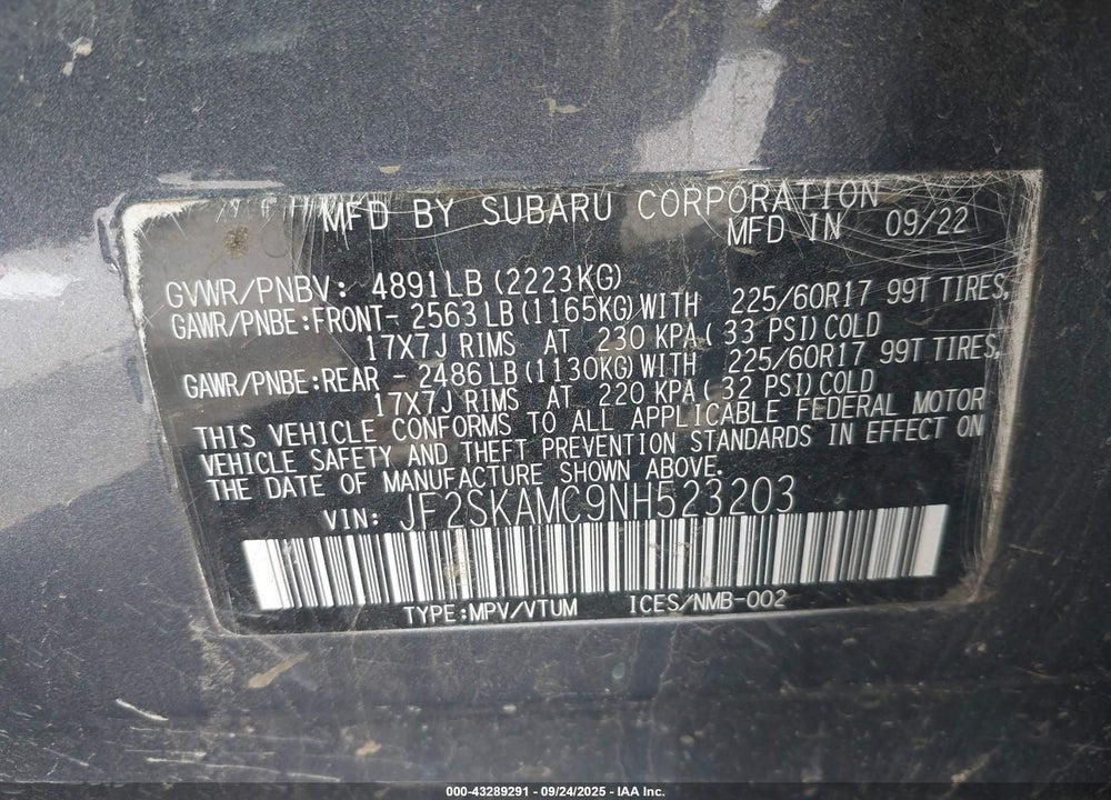 2022 SUBARU FORESTER VIN: JF2SKAMC9NH523203