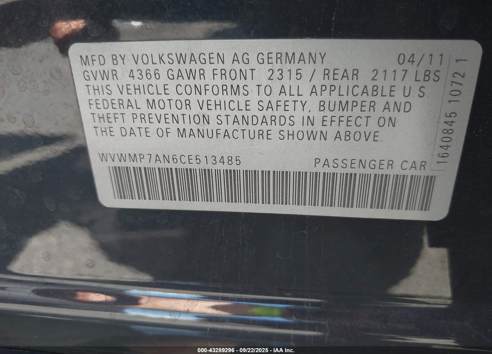 2012 VOLKSWAGEN CC VIN: WVWMP7AN6CE513485