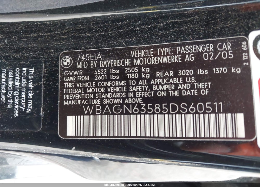 2005 BMW 745LI VIN: WBAGN63585DS60511