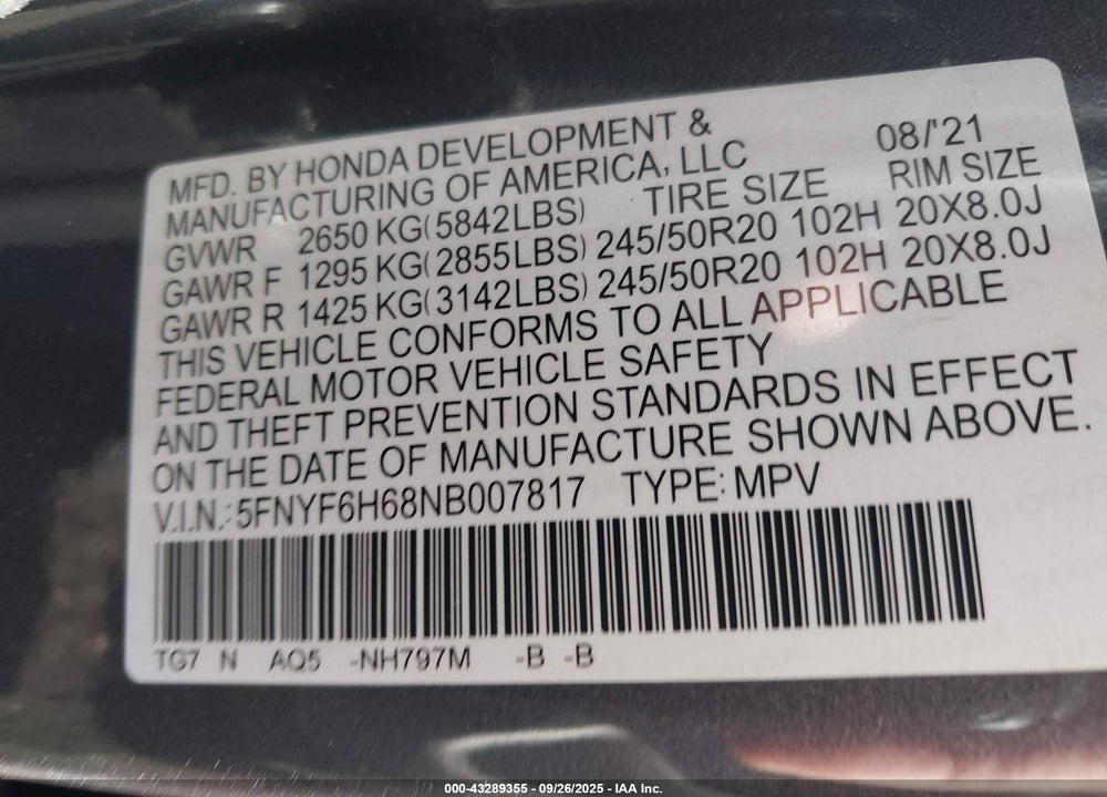 2022 HONDA PILOT AWD TOURING 7 PASSENGER VIN: 5FNYF6H68NB007817