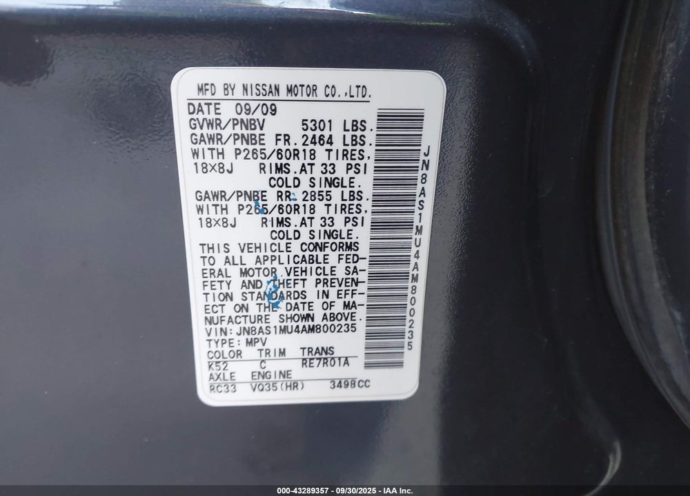 2010 INFINITI FX35 VIN: JN8AS1MU4AM800235