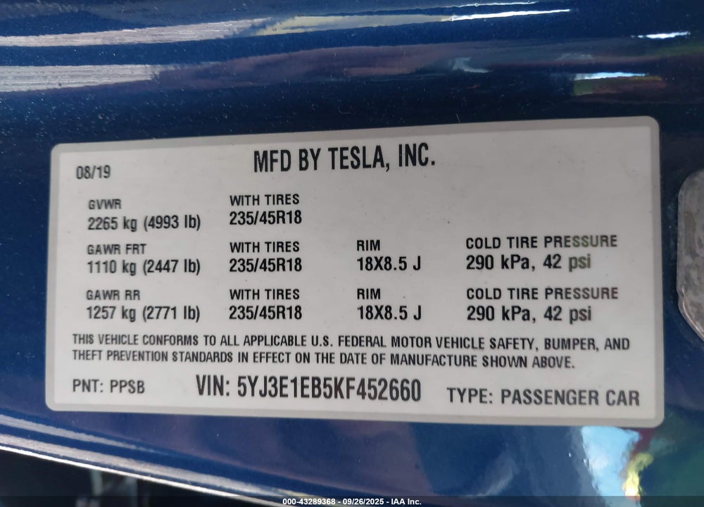 2019 TESLA MODEL 3 VIN: 5YJ3E1EB5KF452660